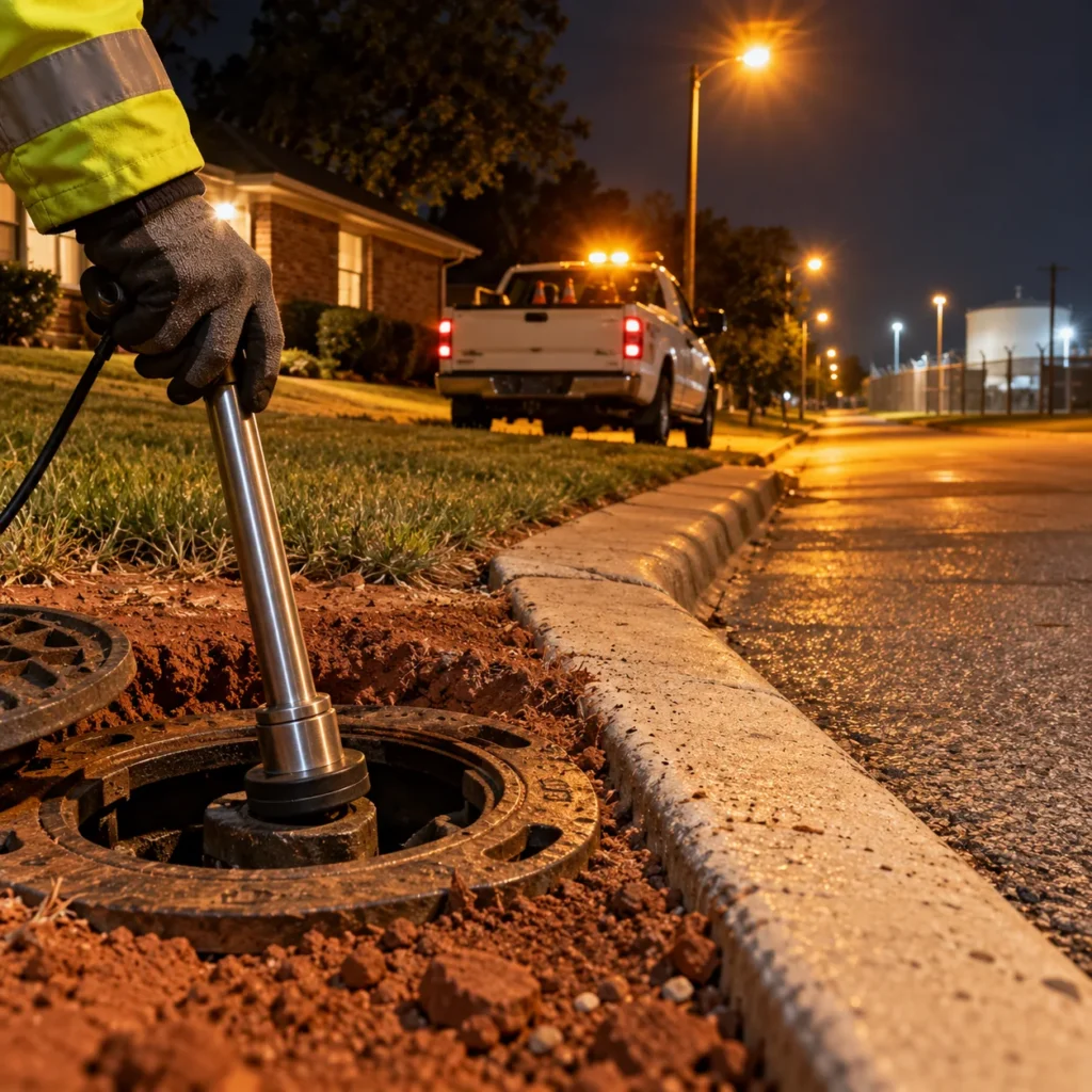 An open valve box on a suburban Oklahoma street shows a water main fitted with an acoustic leak sensor and pressure gauge, with a utility truck, booster pump station and water tower behind it at dusk.