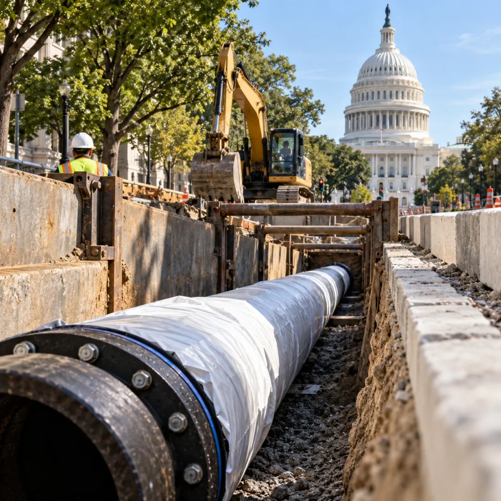 An open street trench where an old cast iron water main is being replaced with new pipe, with an excavator nearby and the U.S. Capitol dome on the hazy skyline at dusk.